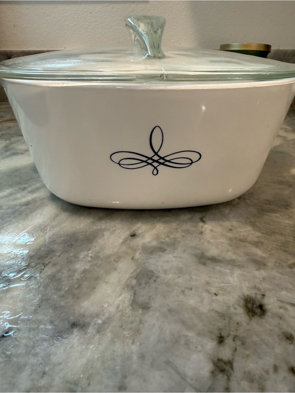 Corningware White Ceramic Covered Casserole Dish with Navy Detail